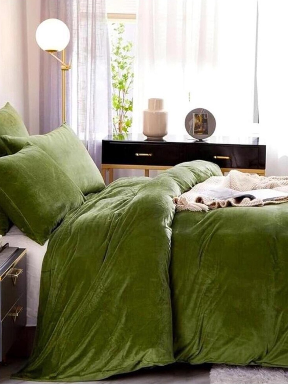 🆕 Olive Green Velvet Luxury Duvet Set Bedding High End Hotel Vibes KING